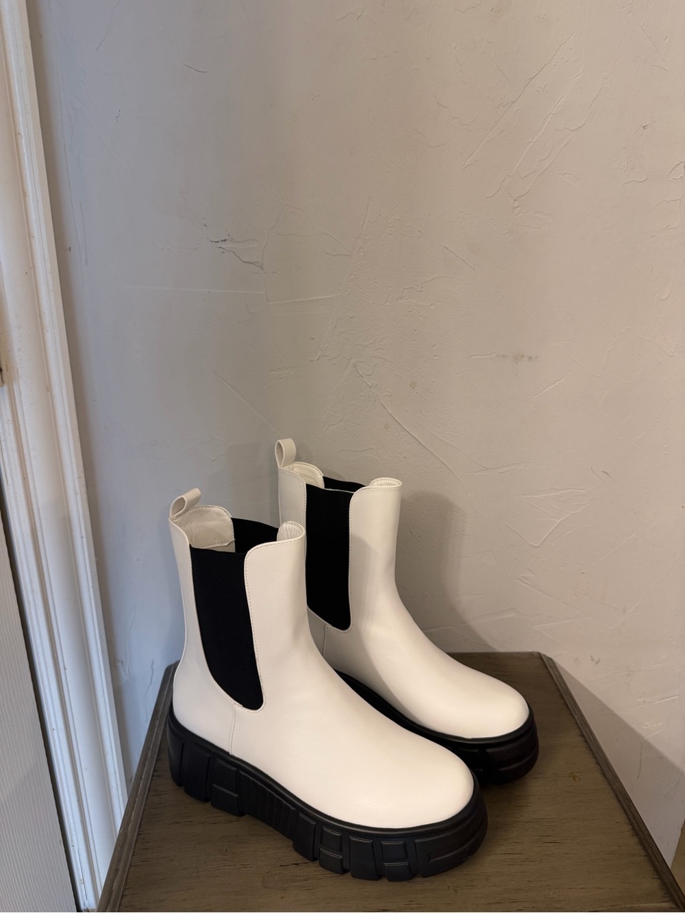 Women’s White Chukka Boots with Black Stretch Panels